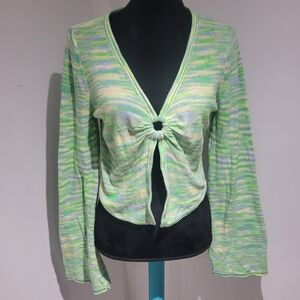American Eagle Women's Knit Ring-Front Bell Sleeve Cardigan Large Green Yellow